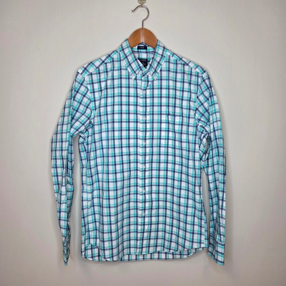 J. Crew Flex Washed Slim Fit‎ Button Down Shirt Men's Medium Blue Green Plaid